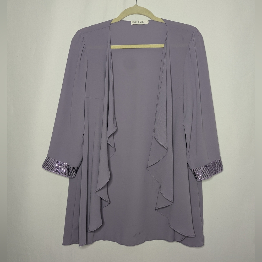 Grace Karin Women Lavender Purple Open Drape Front Sequin Cuff Cardigan M